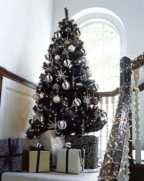 11-a-black-tree-with-white-and-purple-decor-looks-non-traditional-and-fresh