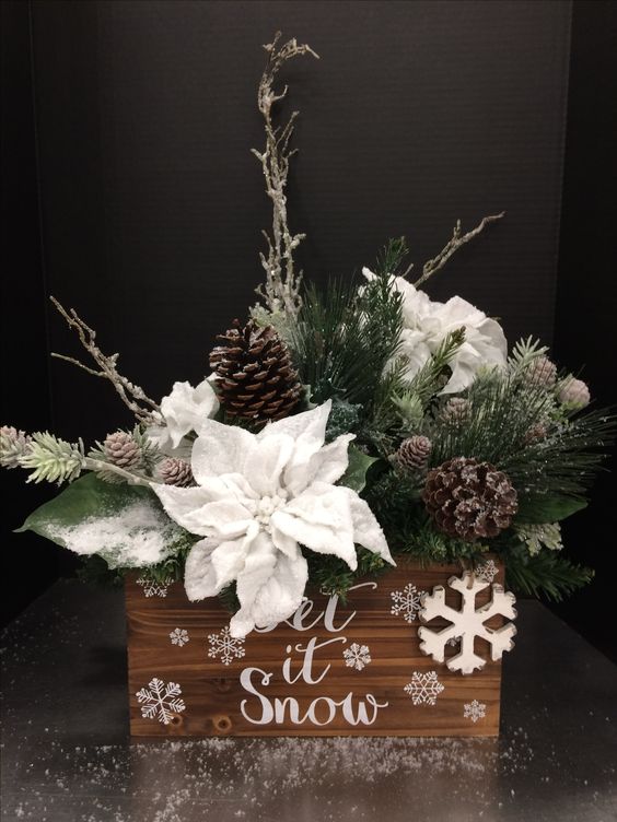 34-awesome-holiday-box-arrangement-with-faux-evergreens-snowy-poinsettia-and-pinecones